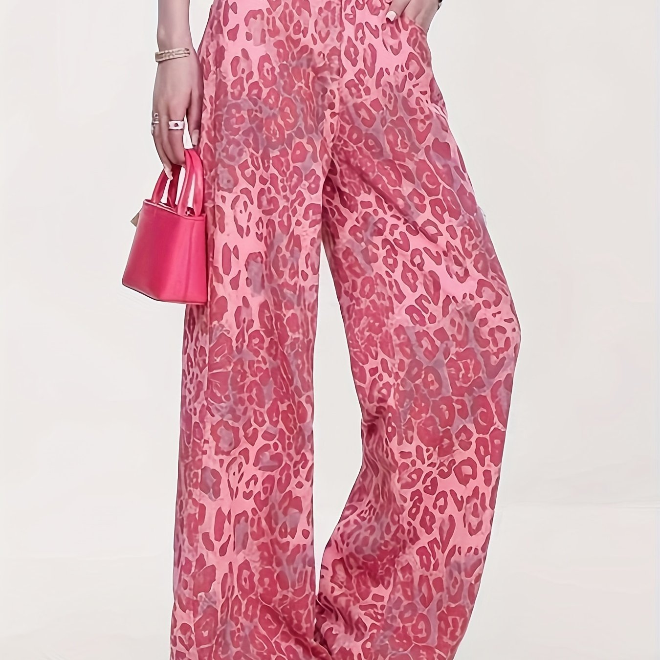 Loose Pink Leopard Print Denim Long Pants