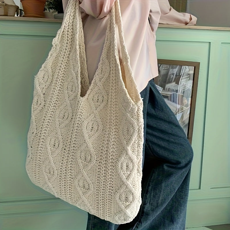 Vintage Knit Hobo Bag - Large Capacity Women'S Shoulder Bag with Intricate Braided Design, Beige Casual Tote for Shopping & Daily Use, Available in Three Colors | Retro Style Handbag | Open Design, Casual Shoulder Bag | Retro