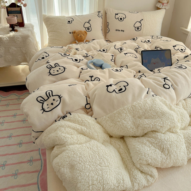 {3/4pcs} Cartoon Lambskin + Milk Velvet Set