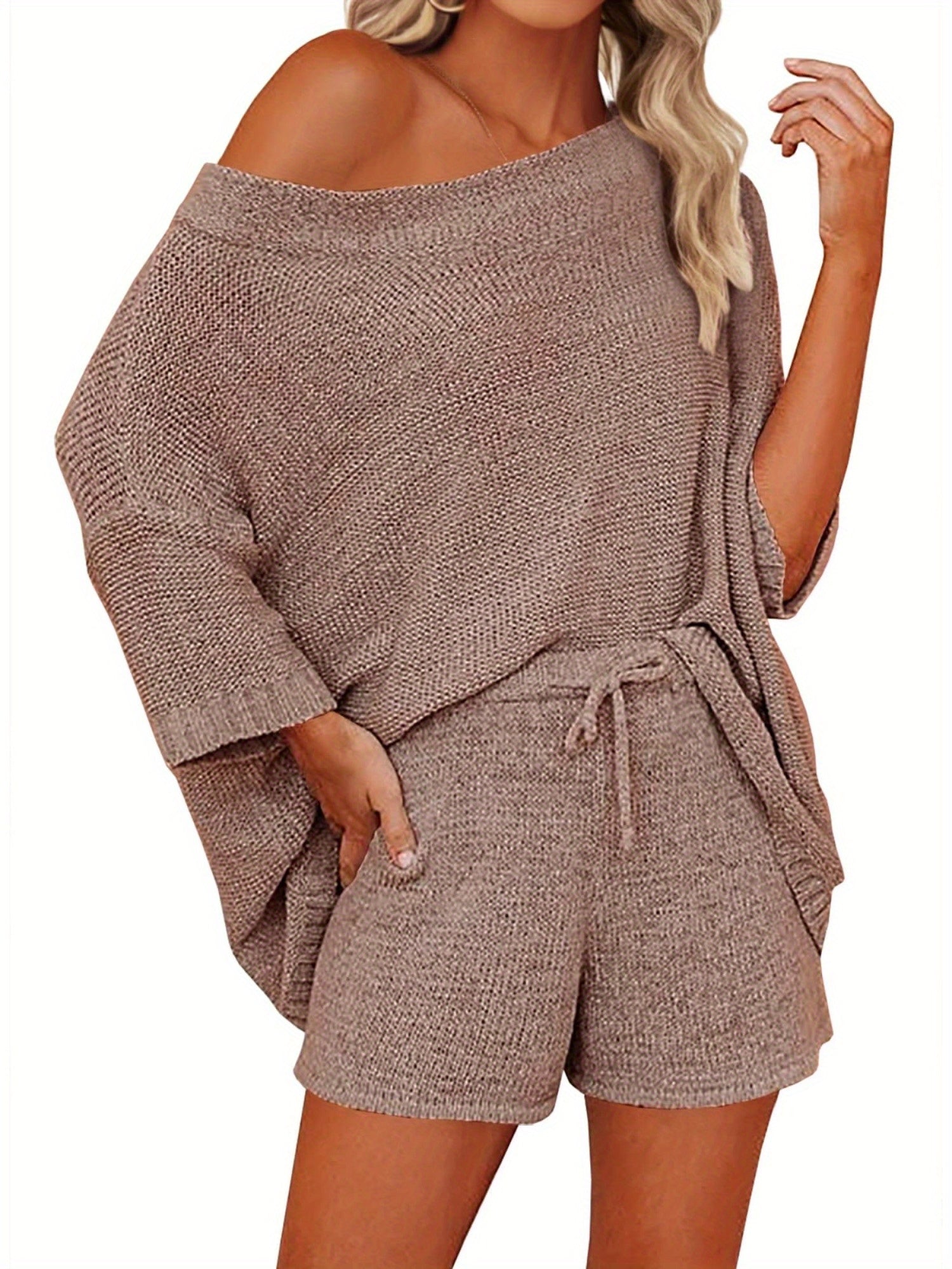 Women's 2pcs Outfits Sweater Sets Off Shoulder Knit Top Shorts Matching Suits Cute Pajama Lounge Set