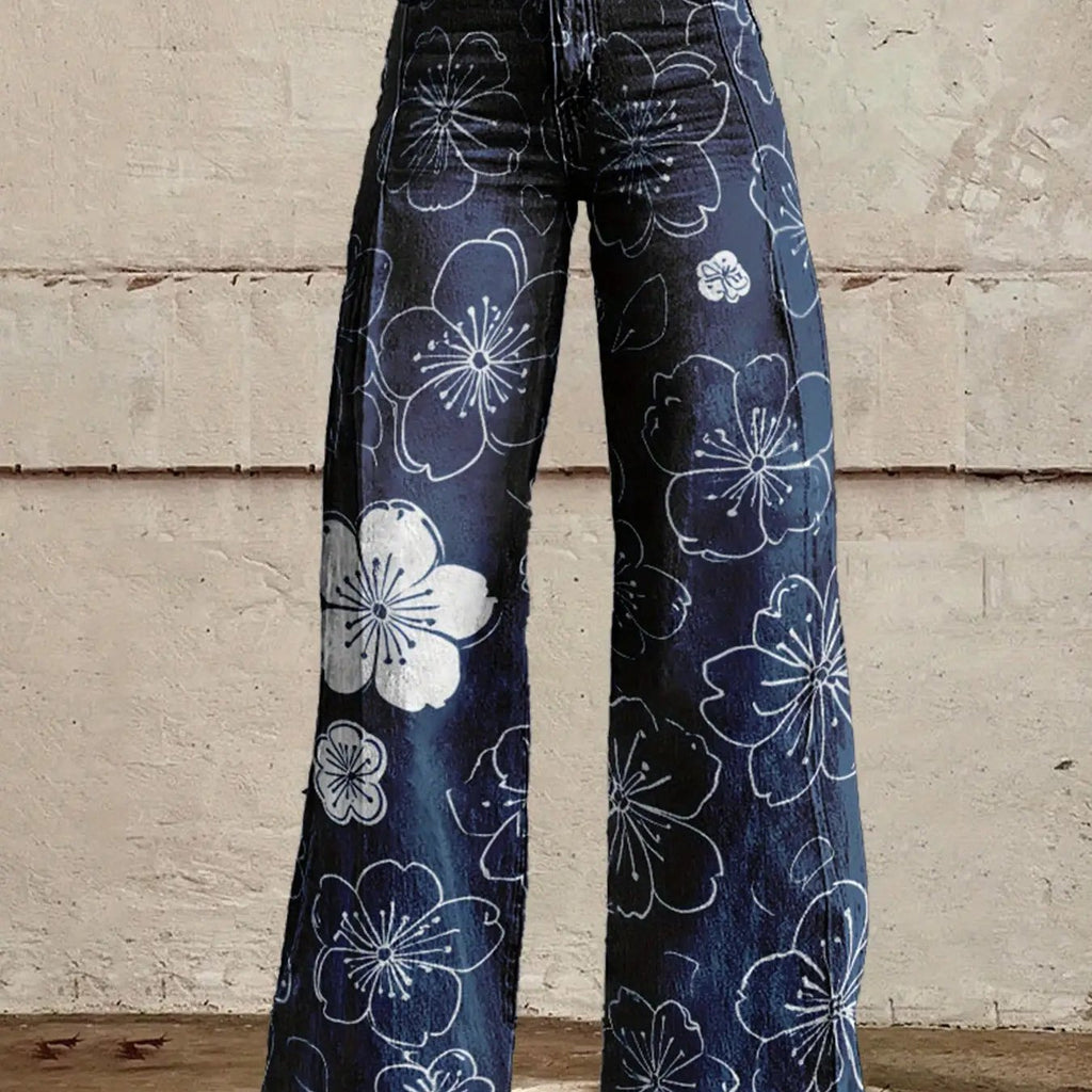 High-Waisted Wide-Leg Flared Floral Denim Jeans