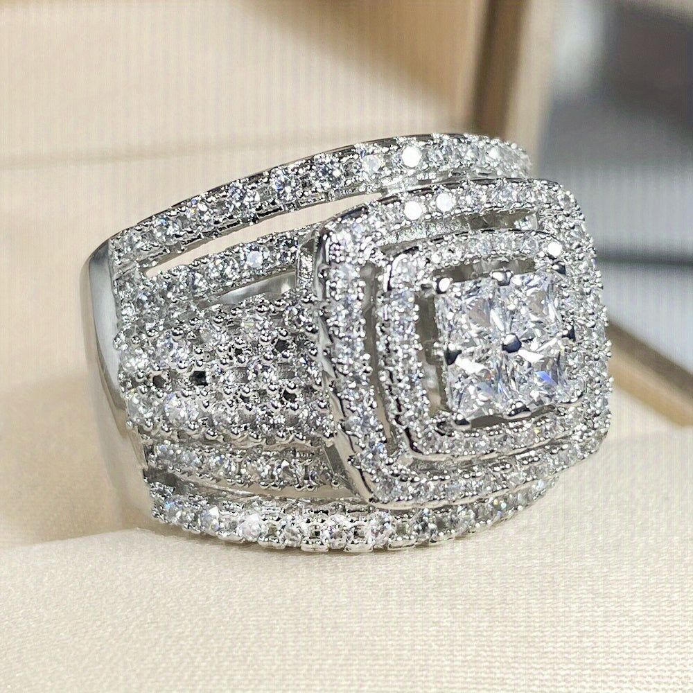 925 Sterling Silver Square Cubic 5A Zirconia Wedding Ring Set