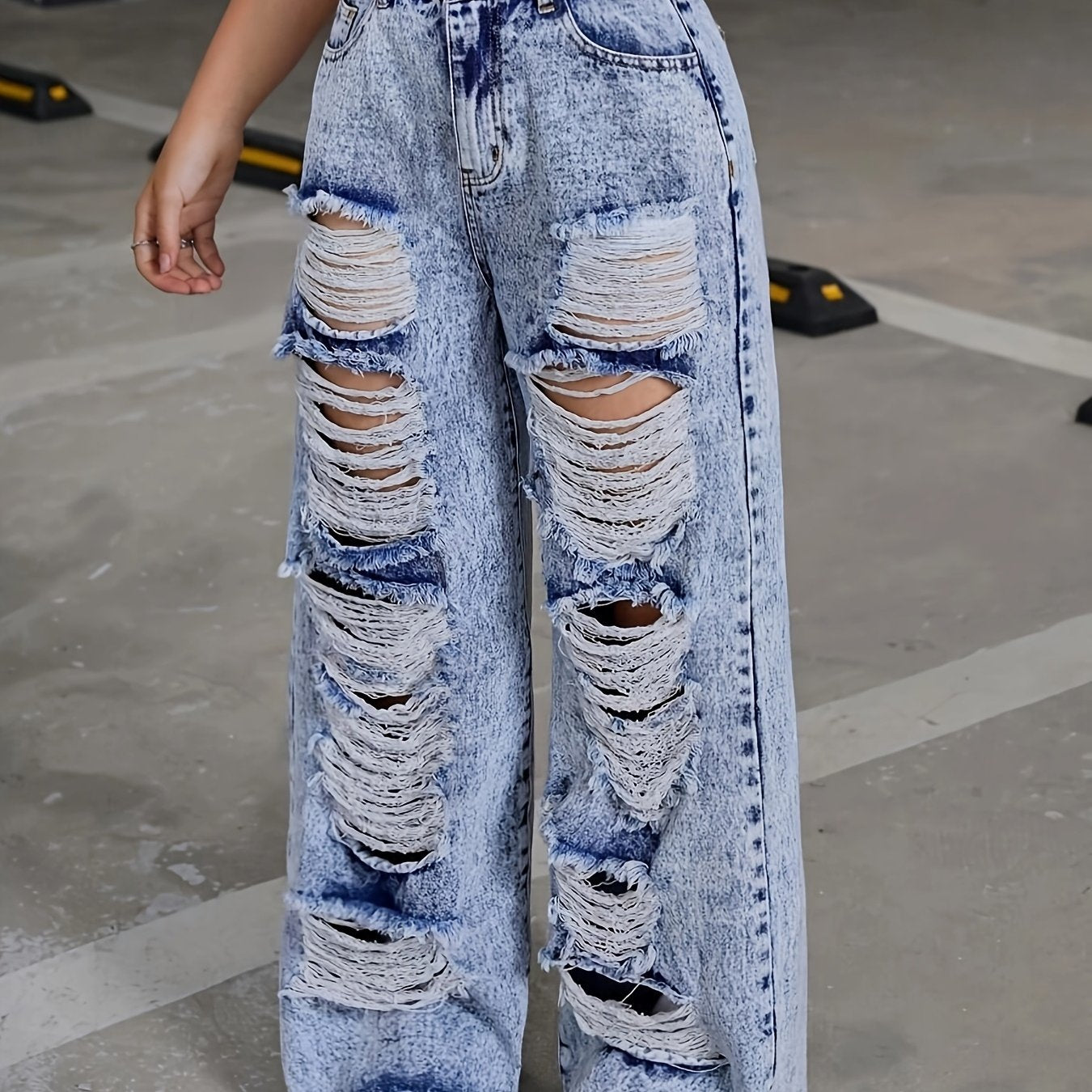 Women'S High-Rise Straight Leg Distressed Denim Jeans - Street Style Raw Hem Ripped Details, Machine Washable Non-Stretch Jeans for All-Season Casual Wear, High Waisted Jeans, Allseason Jeans, Streetstyle Jeans, Nonstretch Fa