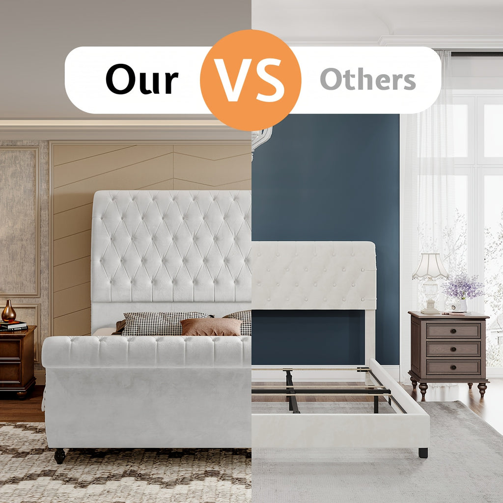 Velvet Upholstered Sleigh Bed With Scroll-Designed Headboard And Footboard