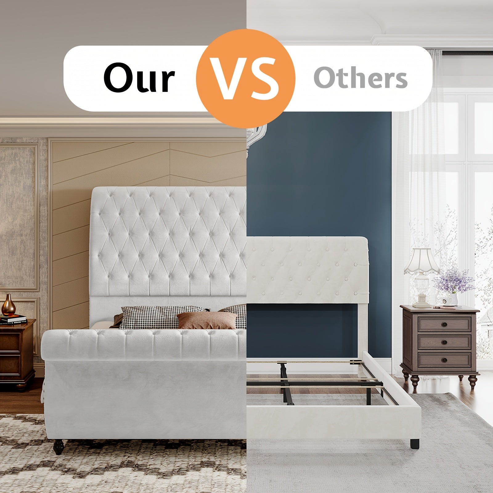 Velvet Upholstered Sleigh Bed With Scroll-Designed Headboard And Footboard