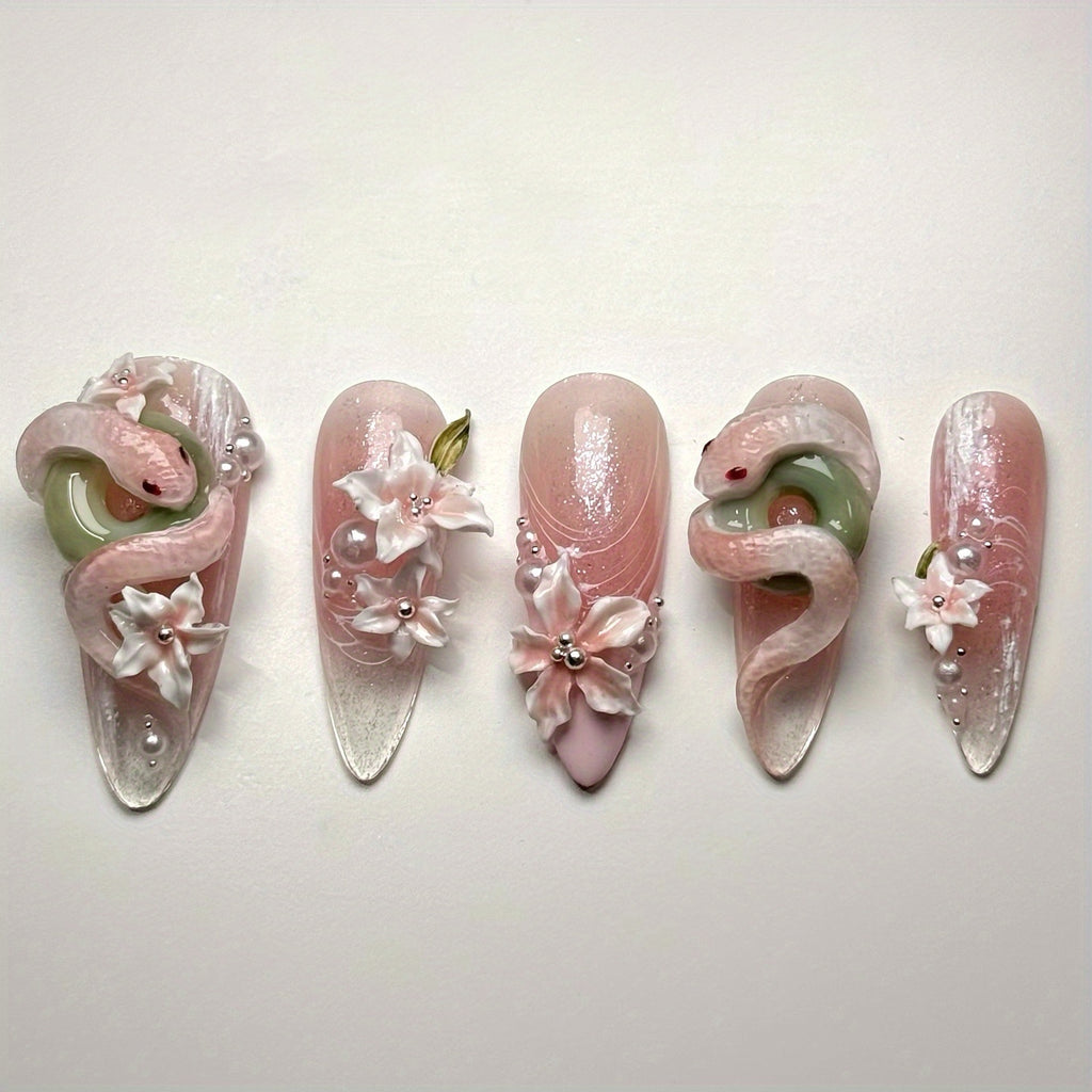 10pcs Handmade 3D Press-On Nails Almond Shape Short Length - Sweet & Edgy Snake & Flower Relief Designs with Glitter 3D Layered Nail Art Suitable for Women's Daily Wear, Parties, Christmas Gift (Handmade Press-On Nails)