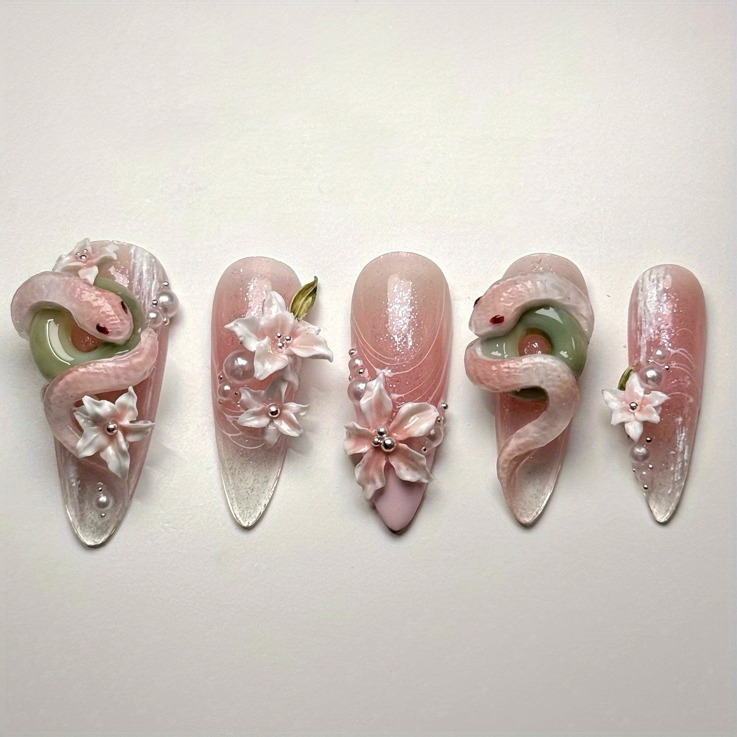 10pcs Handmade 3D Press-On Nails Almond Shape Short Length - Sweet & Edgy Snake & Flower Relief Designs with Glitter 3D Layered Nail Art Suitable for Women's Daily Wear, Parties, Christmas Gift (Handmade Press-On Nails)