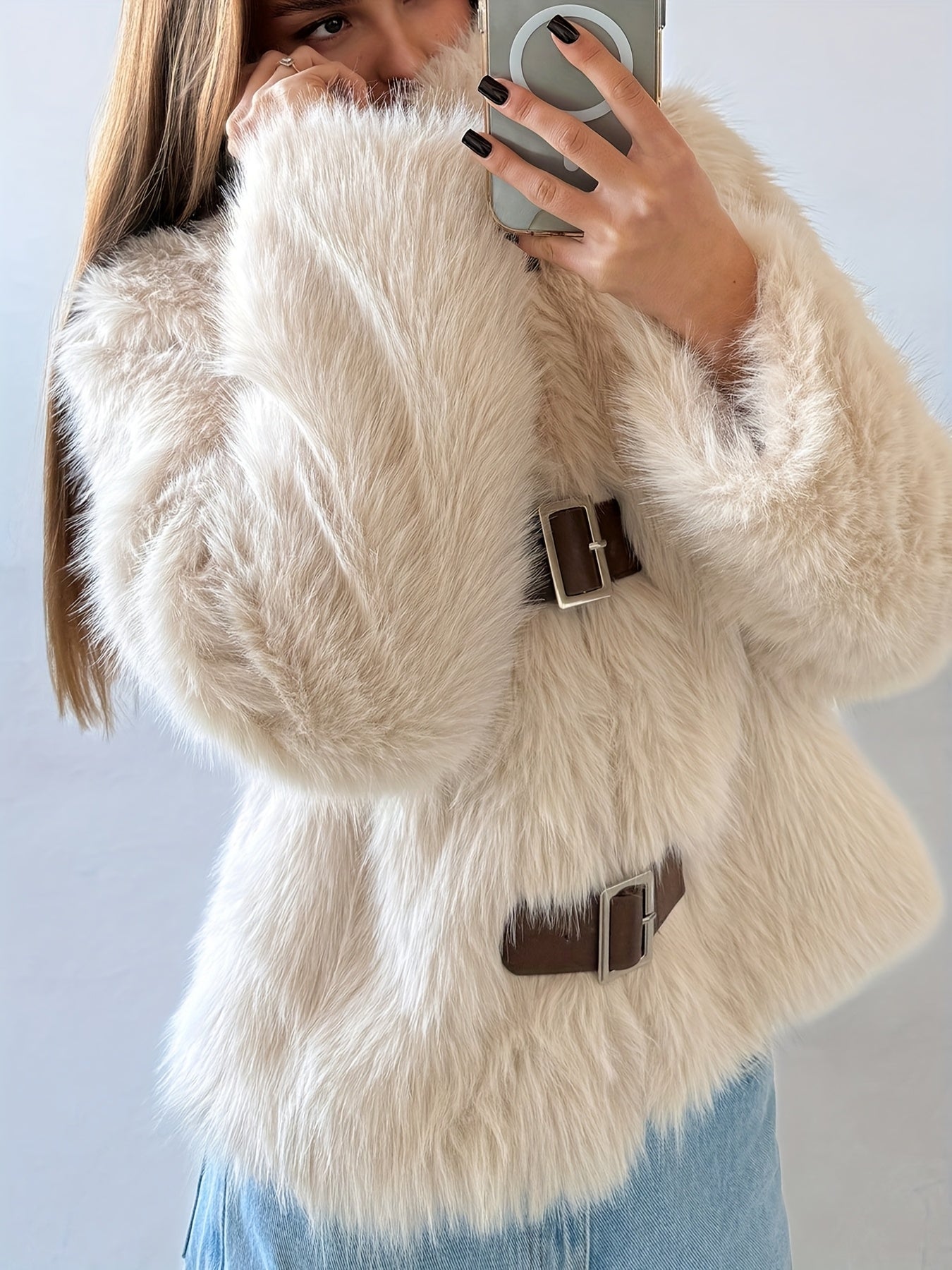 Warm and Stylish Faux Fur Coat for Women - Plush High Collar Open Front Jacket Suitable for Autumn and Winter Outings