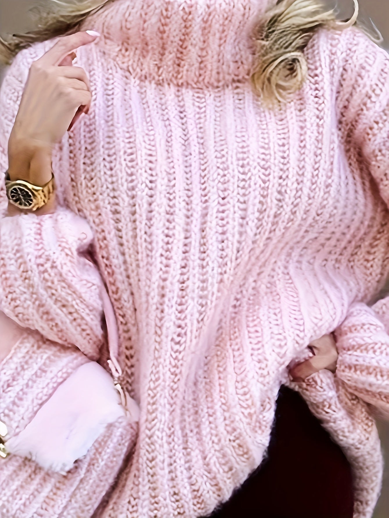 Cozy Pink Sweater with Puff Sleeves and Ribbed Detail