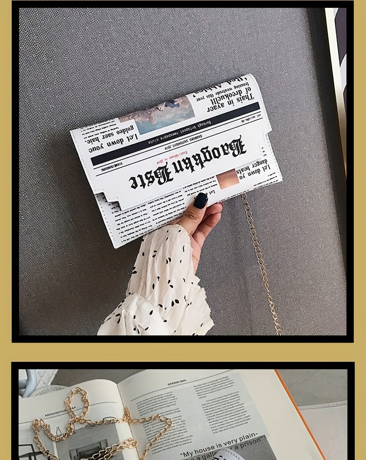 Trendy Chain Crossbody Newspaper Clutch Bag - Women's Envelope Flap Purse For Party Prom