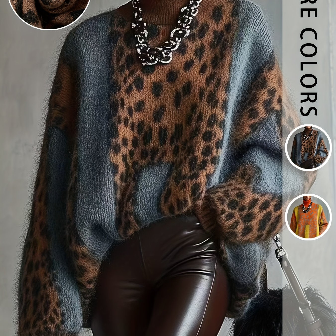 Vintage Leopard Print Contrast Color High Neck Loose Lazy Soft Long Sleeve Sweater