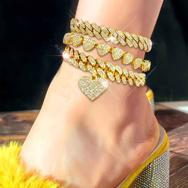 {3pcs} Shiny Heart Pendant Anklets