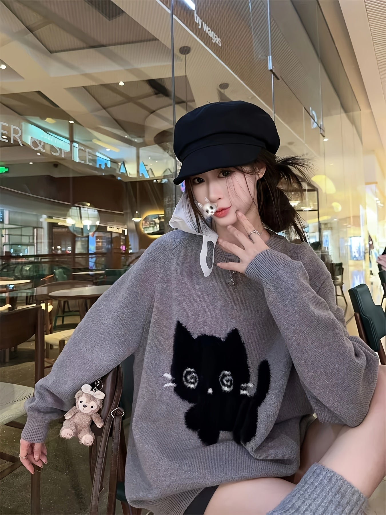 Cute Cat & Color Block Sweater