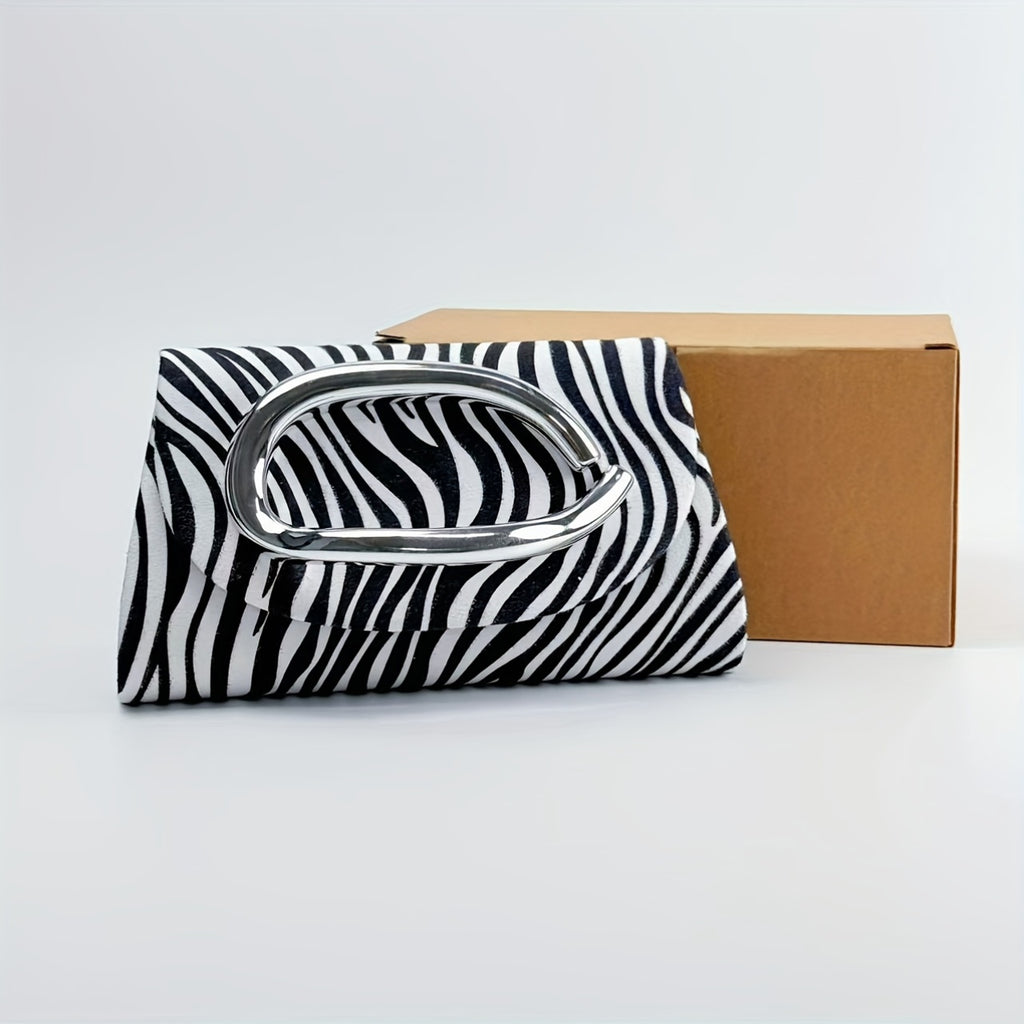 Women'S Elegant Evening Clutch Purse - Magnetic Closure & Detachable Chain Strap, Black & White Zebra Stripe Pattern, Corduroy Formal event bag for Parties, Weddings, Everyday - Luxury Party Handbag Gift for Women, Ladies Han