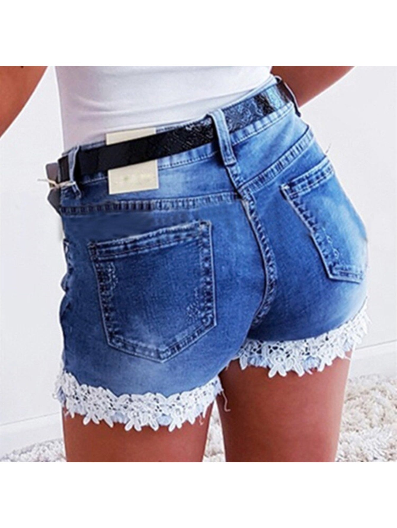 Lace Trim High Waist Denim Shorts