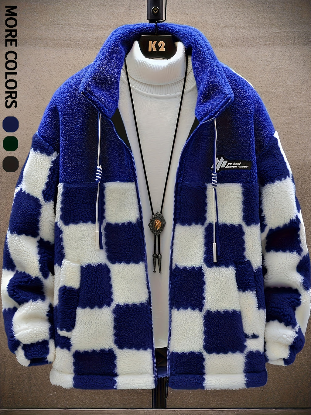 Blue & White Plush Checkered Winter Coat