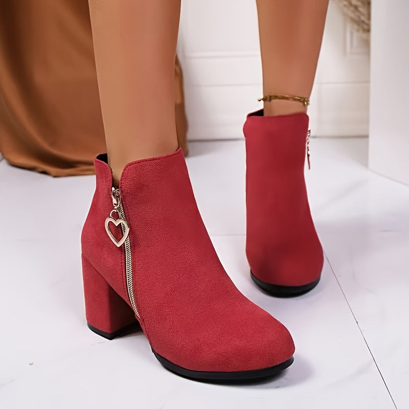 Chunky Heel Ankle Boots with Heart-Shaped Buckle & Golden-Tone Zipper Closure