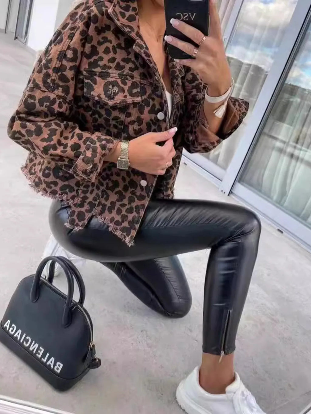 Leopard Print Raw Hem Denim Jacket