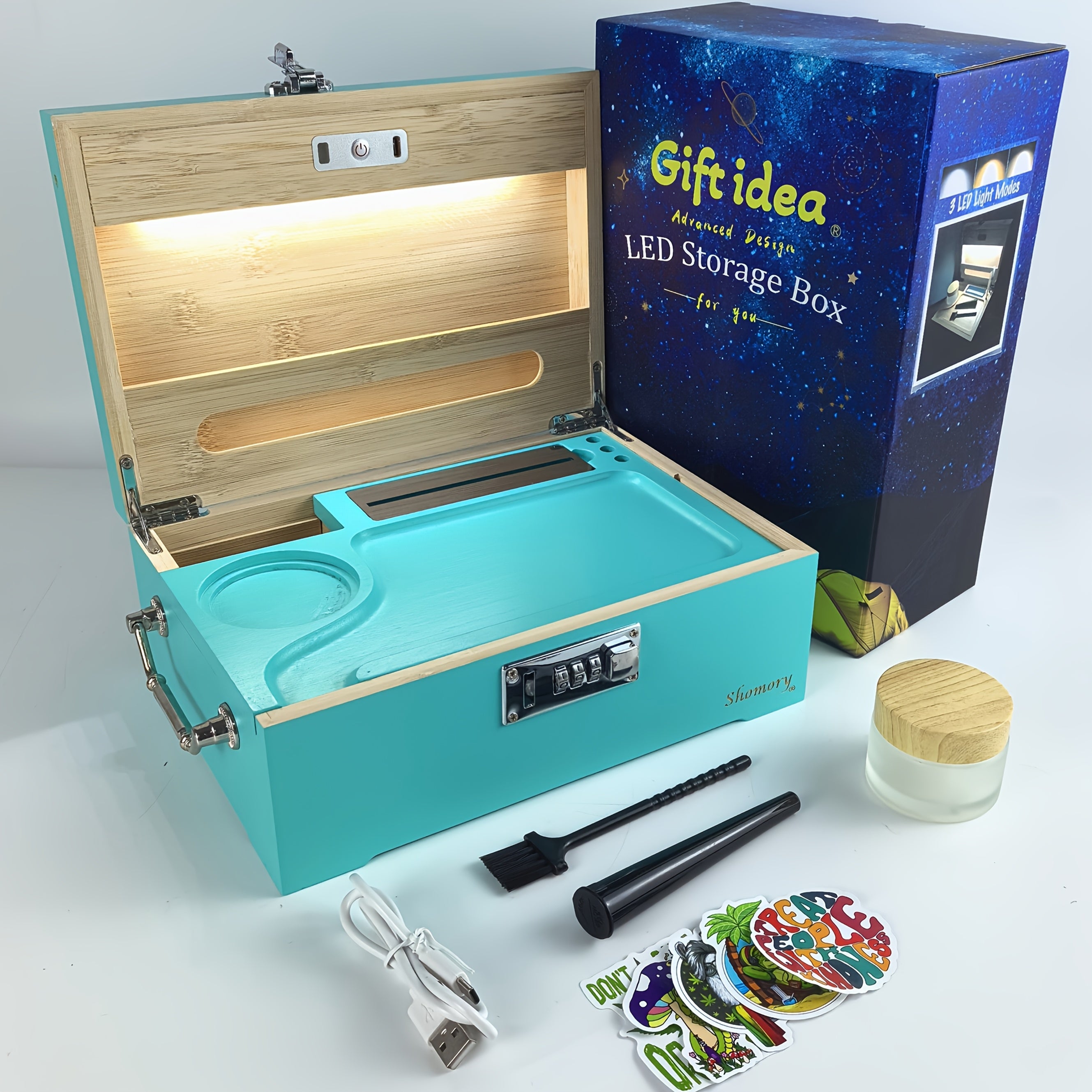 Premium Large Secure Stash Box with LED Light, Lockable Wooden Storage Organizer with Tray & Accessories