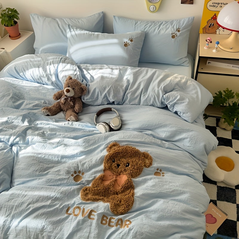 Teddy Bear Towel Bedding Set, Including 1 Duvet Cover, 1 Bed Sheet, And 2 Pillowcases