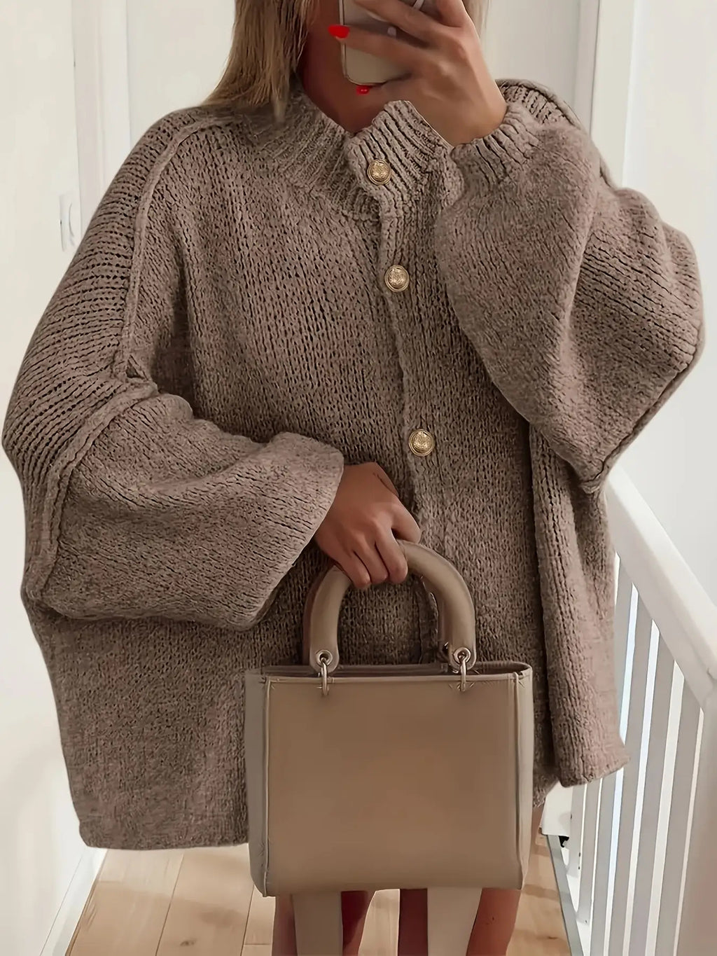 Elegant Casual Brown Button-Front Pullover Sweater