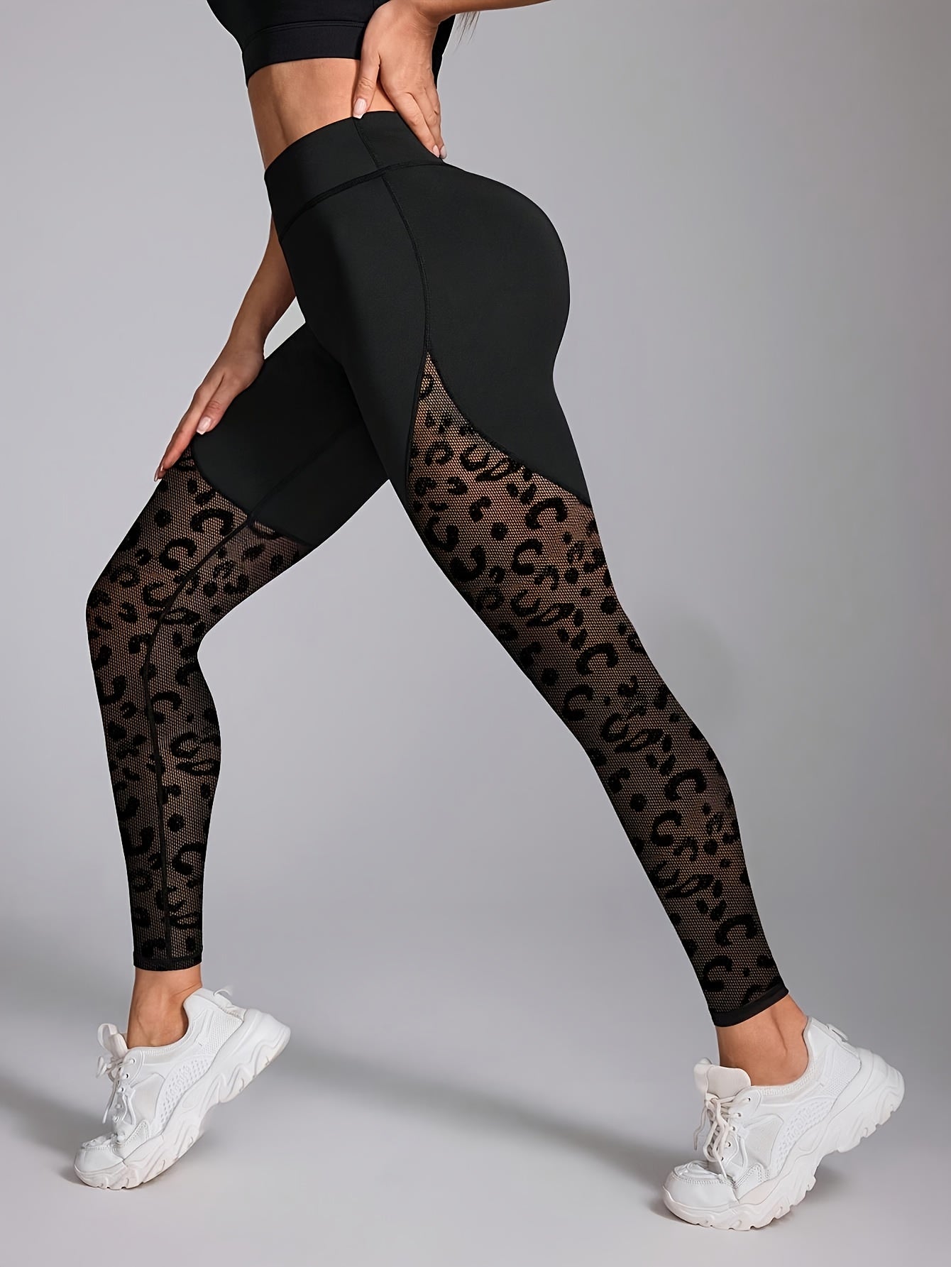 High-Waisted Leggings with Mesh Panel & Leopard Print