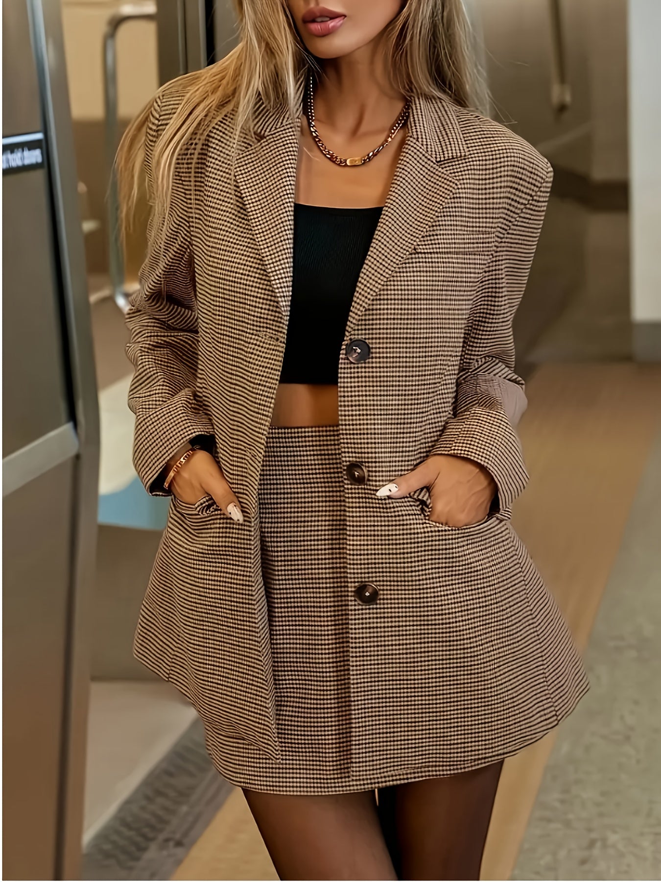 Women's Spring/Autumn 2-Piece Set: Front Button Long Sleeve Collared Shirt Jacket + Knee-Length Beltless Skirt, Summer Solstice