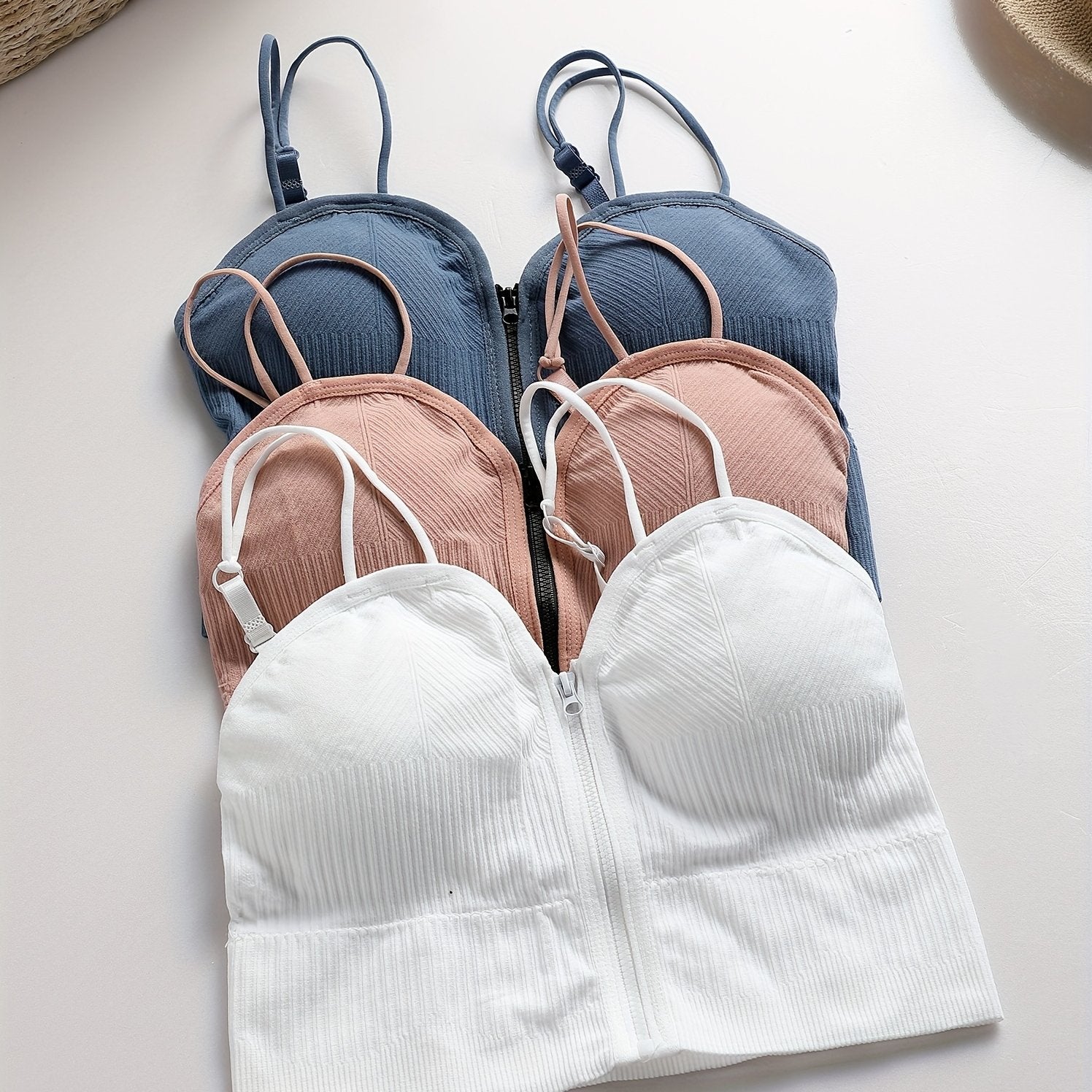 {3pcs} Basic Front-Zip Round Cup Casual Cami Tank Tops