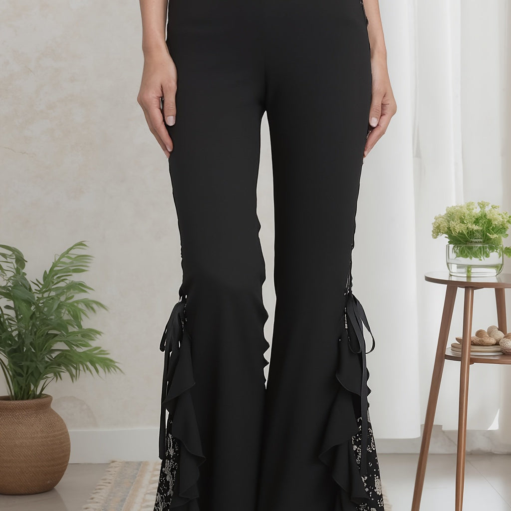 Women's Gothic Flared Pants with Contrast Lace and Tie-Up Design