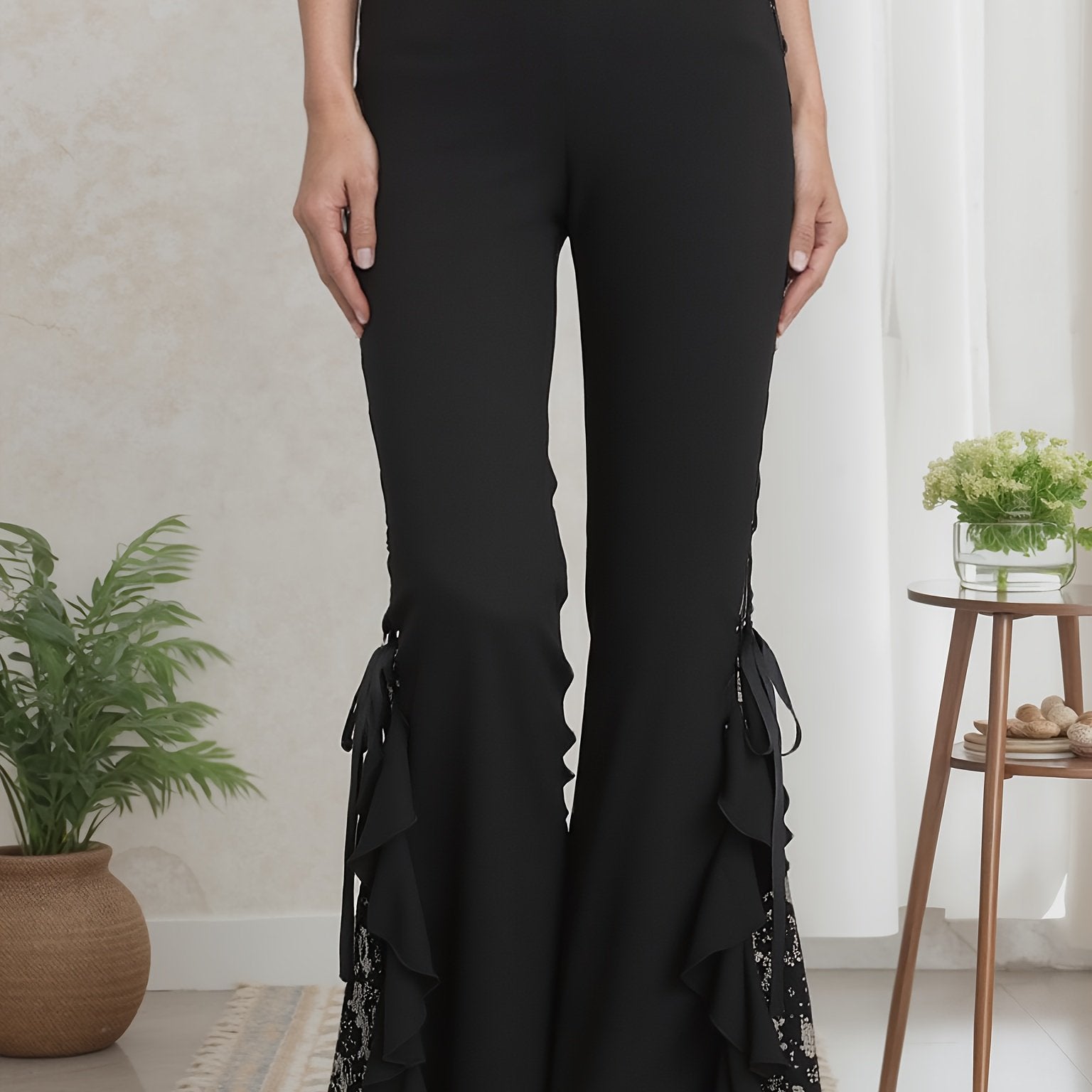 Women's Gothic Flared Pants with Contrast Lace and Tie-Up Design