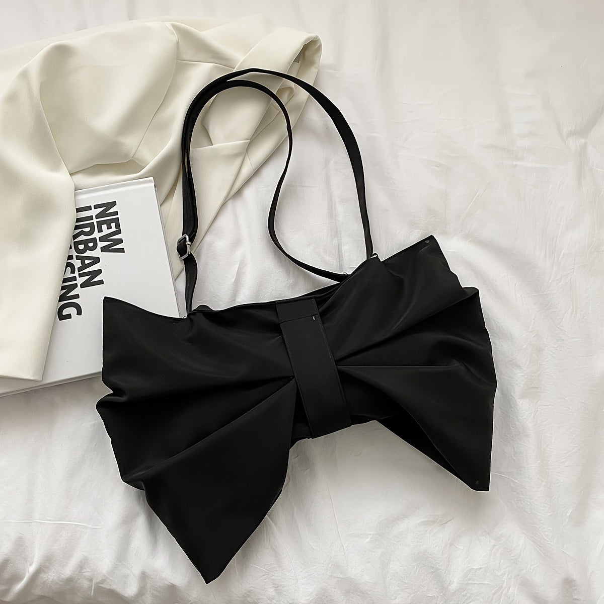 Women'S Elegant Bowknot Shoulder Bag - Lightweight Synthetic Handbag with Adjustable Strap, Open-Top Design & Polyester Lining, White Casual to Semi-Formal Purse for Everyday Use, Shopping, Work - Hand Washable & Durable, Ver