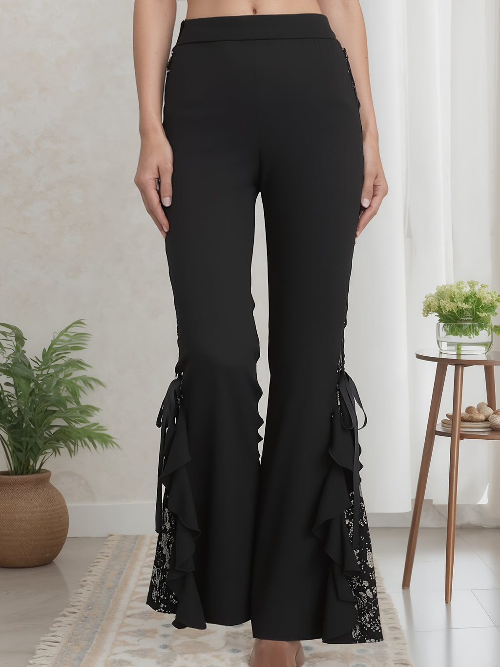 Women's Gothic Flared Pants with Contrast Lace and Tie-Up Design