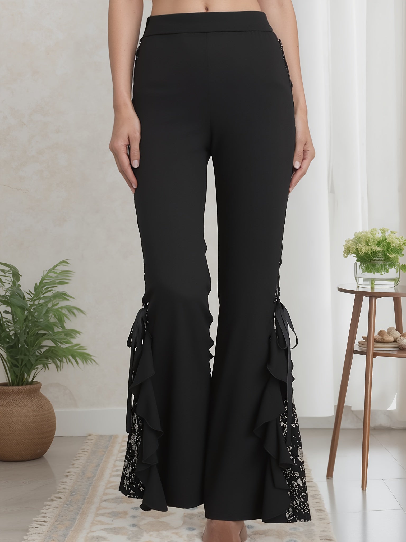 Women's Gothic Flared Pants with Contrast Lace and Tie-Up Design