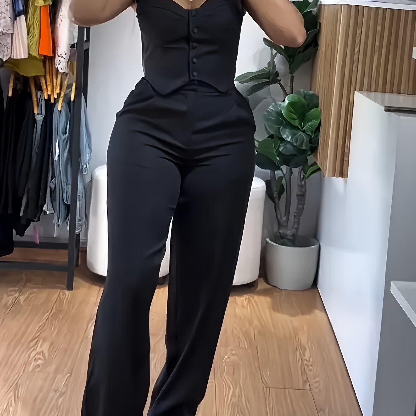 Women'S Yellow Sleeveless Corset Top & Wide-Leg Pants Set - Casual V-Neck with Button Detail, High-Waisted Flared Pants, White Sneakers, and Accessories for a Stylish Outfit, Allseason Attire | Vneck Top | Button Detail Top