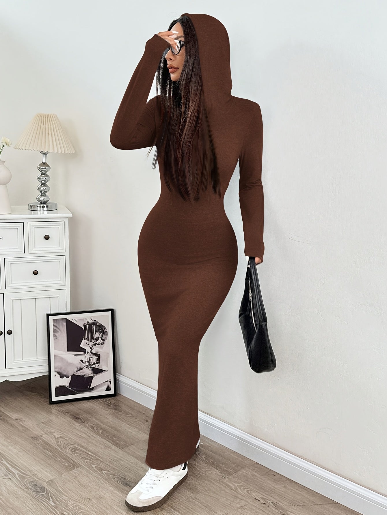 Women'S Stylish Long-Sleeve Hooded Maxi Dress - Casual Spring/Autumn Split-Hem Bodycon Dress in Solid Color, Grey, with Detachable Shoulder Straps and Kangaroo Pocket, Cute Dresses