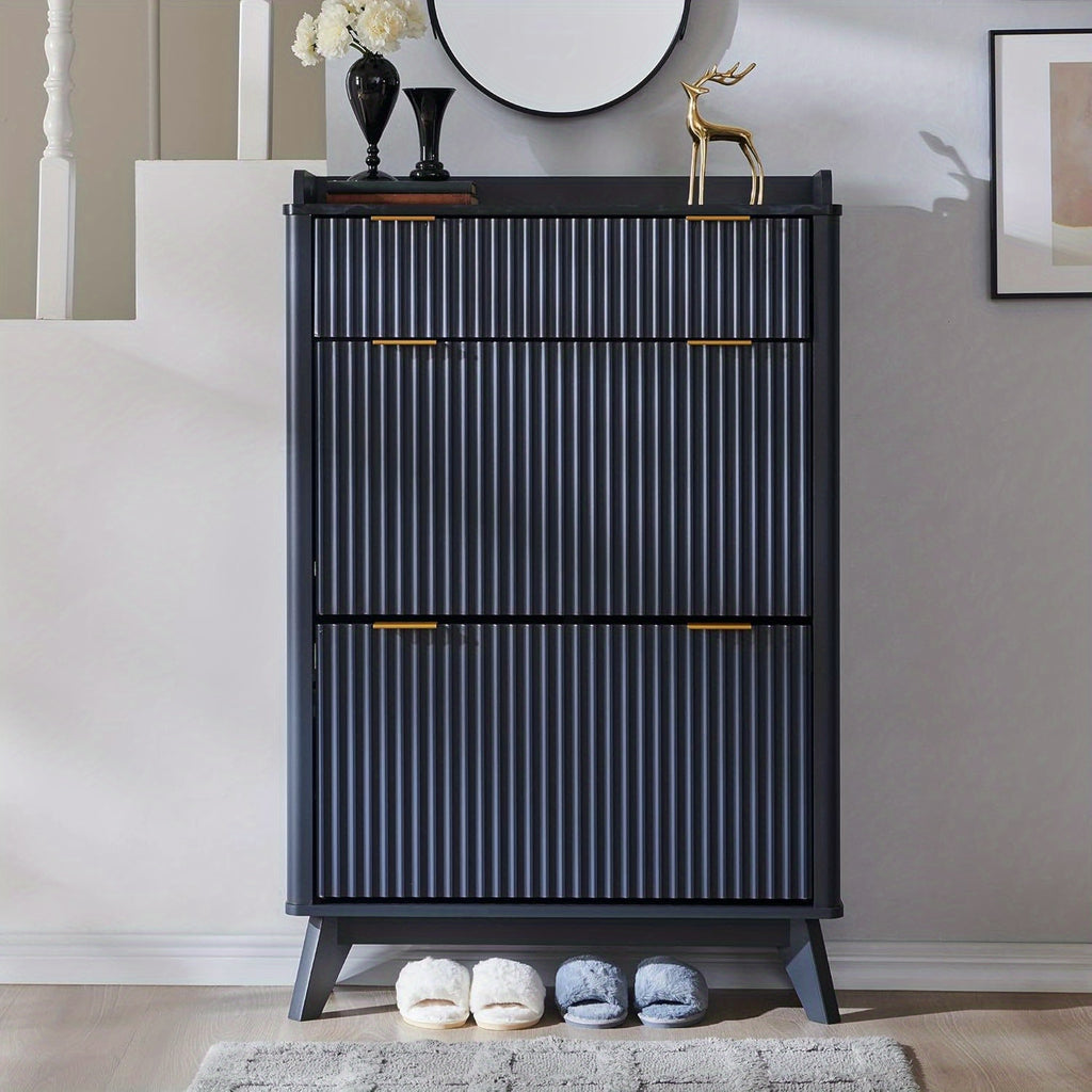 Wave-patterned Shoe Cabinet Featuring 2 Flip Drawers And A Top Drawer, 48-inch Tall Narrow Shoe Organizer, Curved Profile Design, Wooden Shoe Rack for Entryways, Entryway Storage, Hallway Furniture, Contemporary Design, Sleek