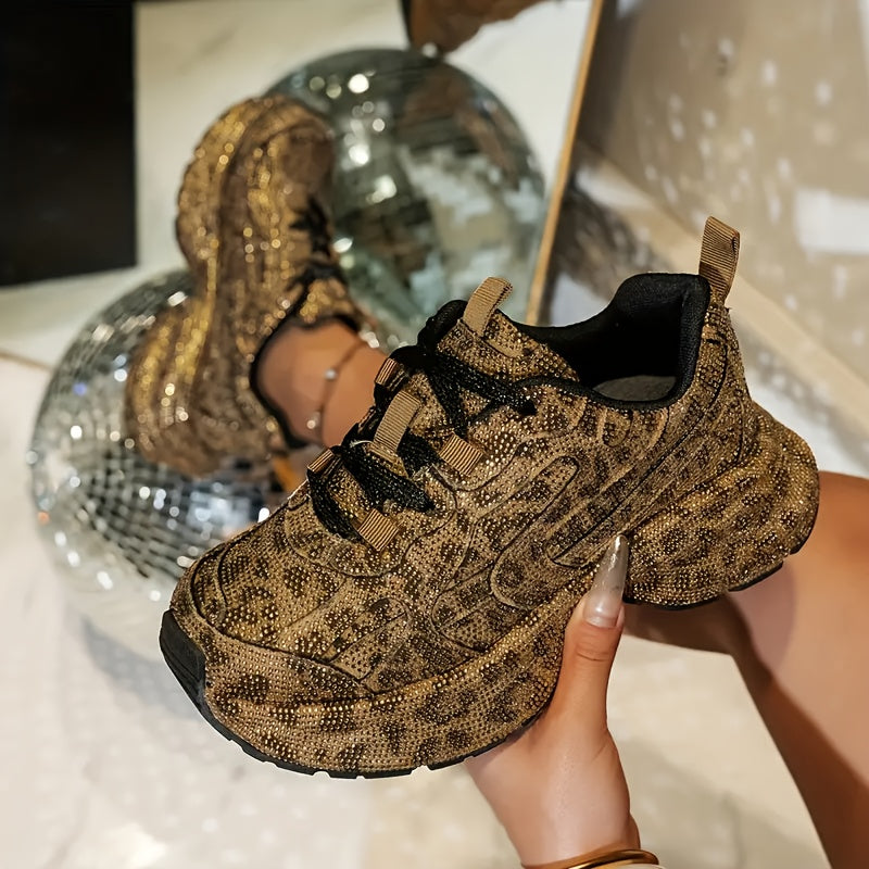 Shiny Rhinestone-Embellished Low-Top Lace-Up Shoes