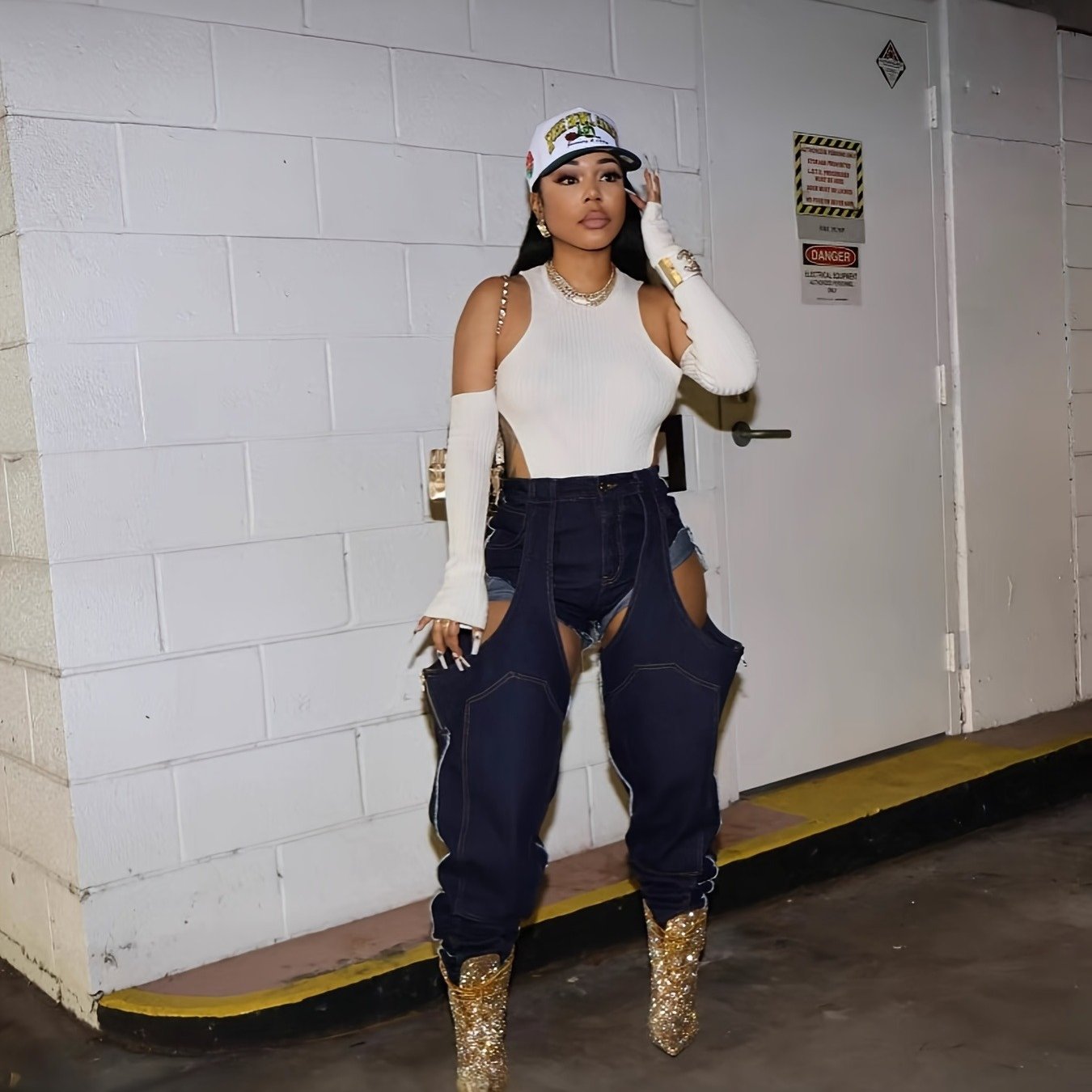 High-Waisted Distressed Jeans