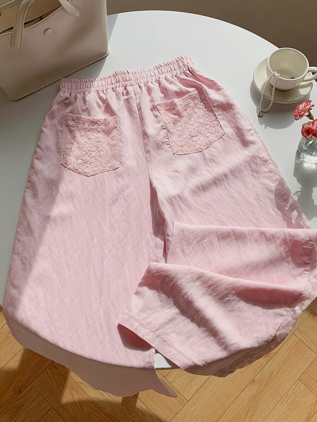 Pink Lace Patchwork Elastic Waist Casual Versatile Trousers