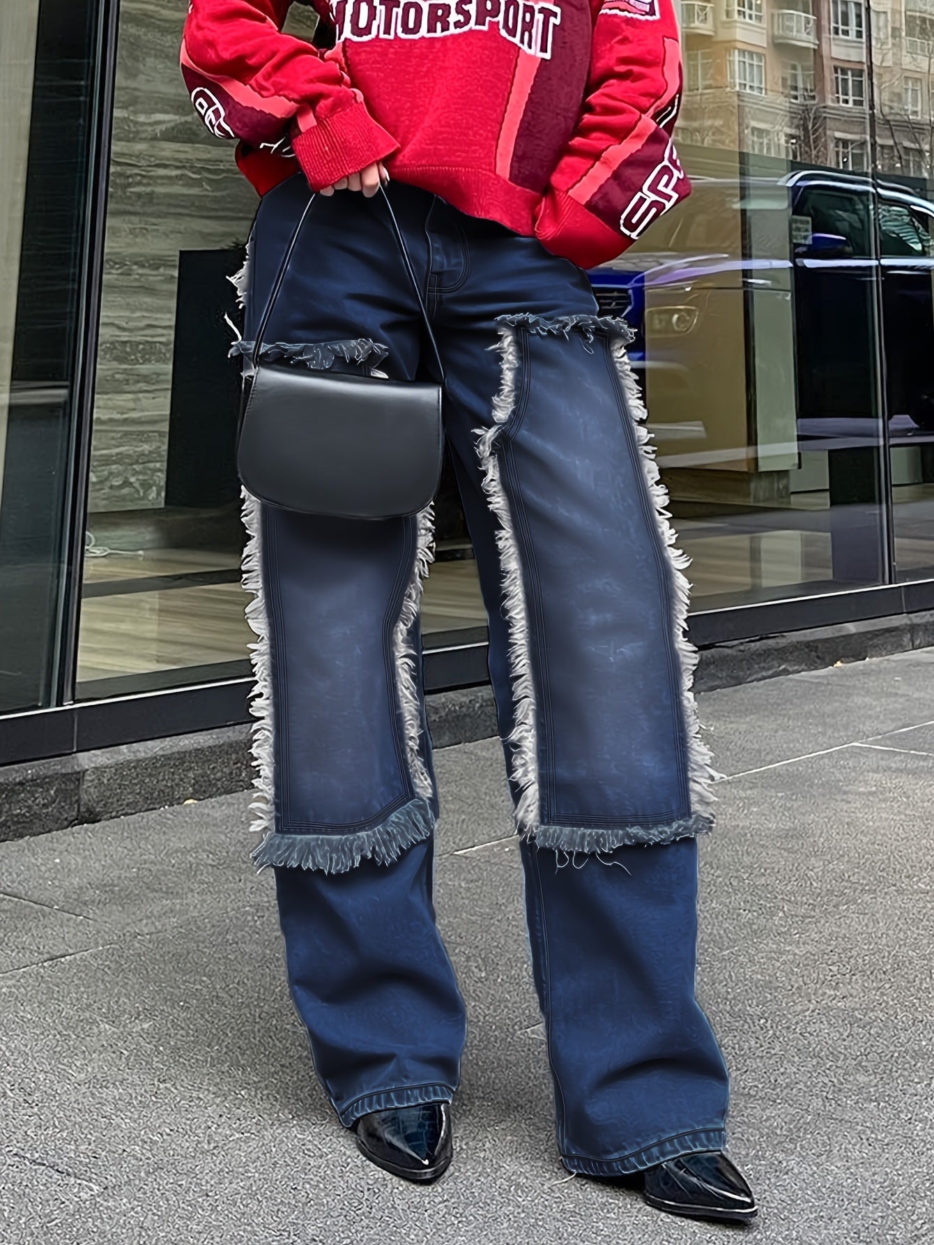 Low-Rise Straight-Leg Jeans with Fur-Like Patchwork Hem