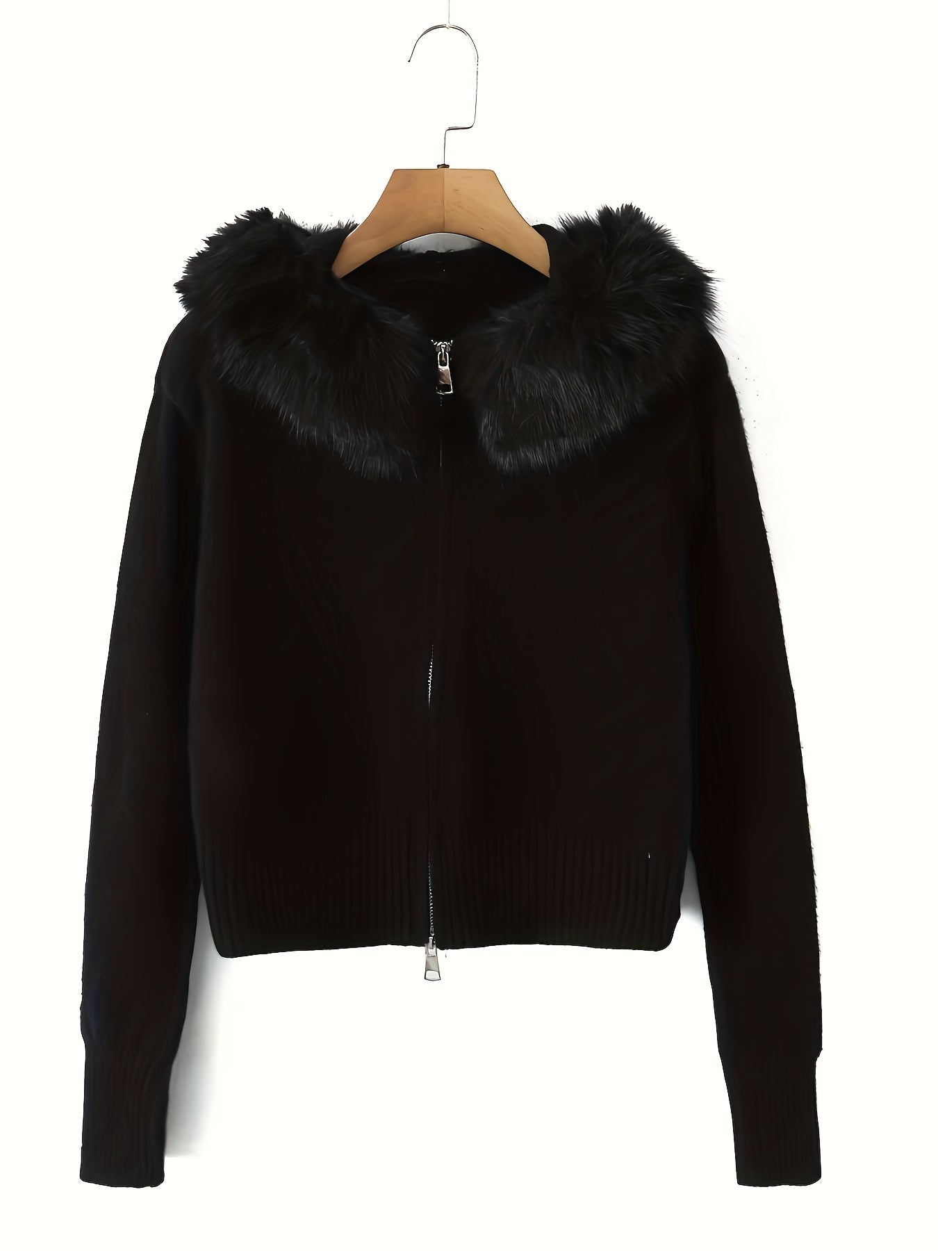Hooded Zip-Up Cardigan with Faux Fur Trim