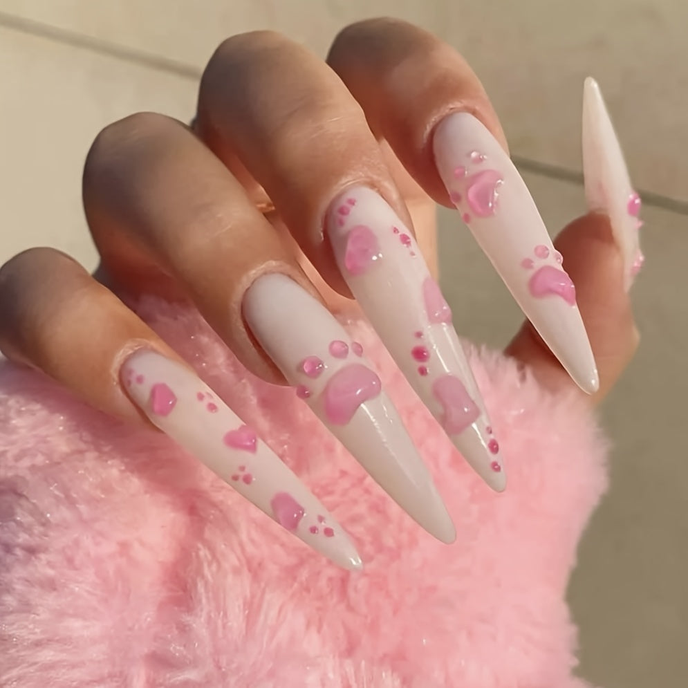 10pcs Set Handmade Wearable Nail Stickers for Women, Full Coverage, Reusable, Super Long Teardrop Shape, Pink & White with 3D Cat Paw and Heart Design, Glossy Finish