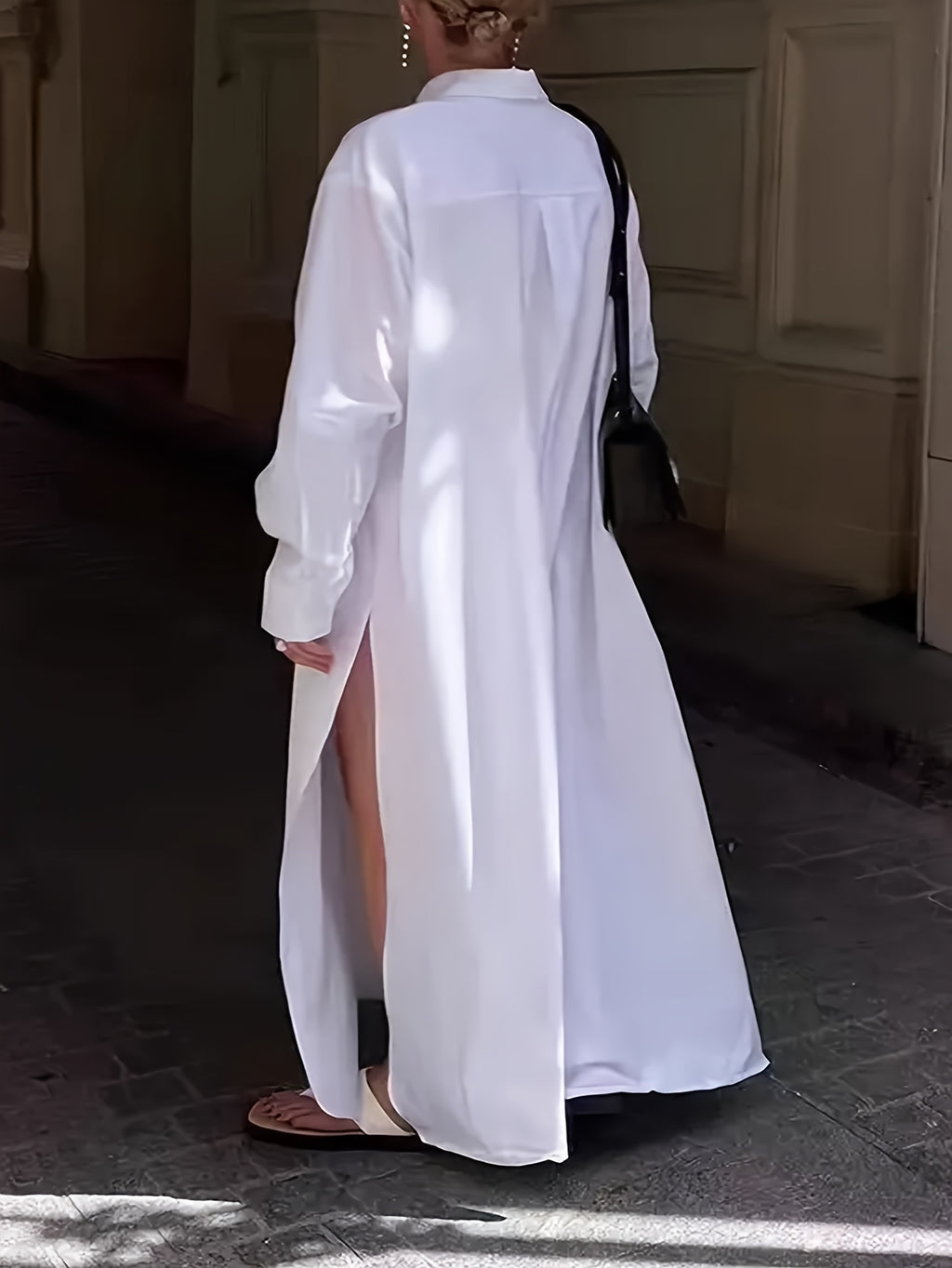 Side Slit Long Loose Button Shirt Dress