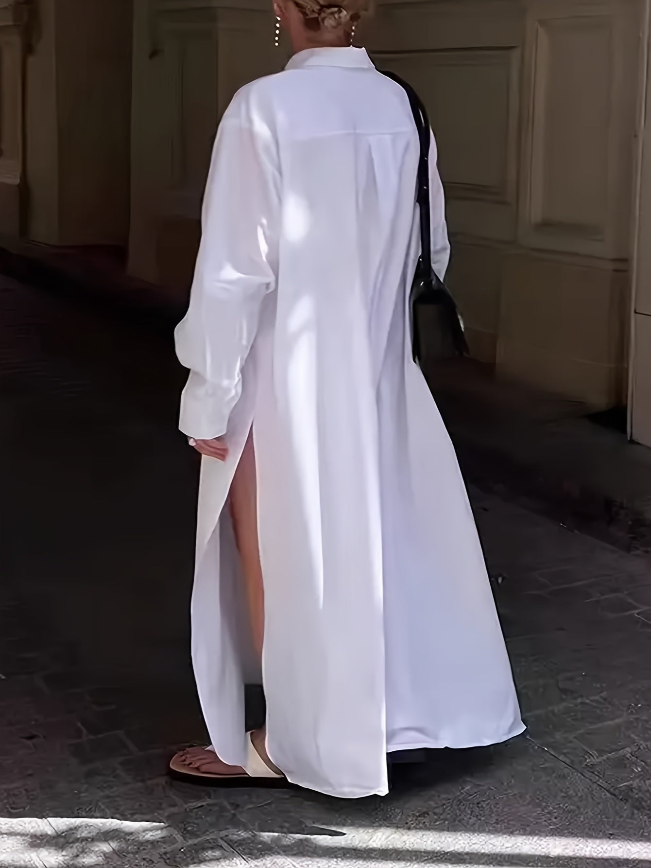 Side Slit Long Loose Button Shirt Dress