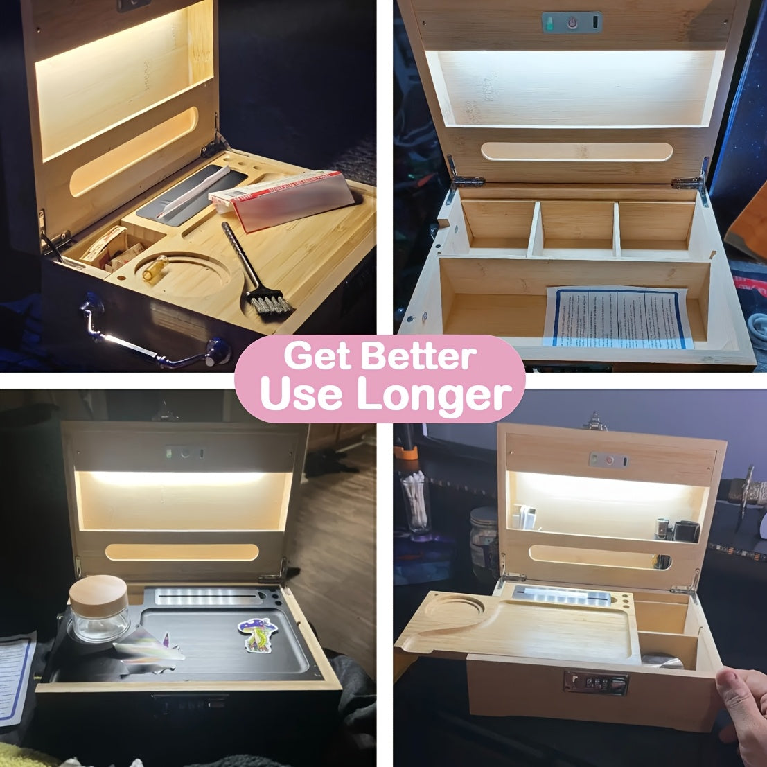 Premium Large Secure Stash Box with LED Light, Lockable Wooden Storage Organizer with Tray & Accessories
