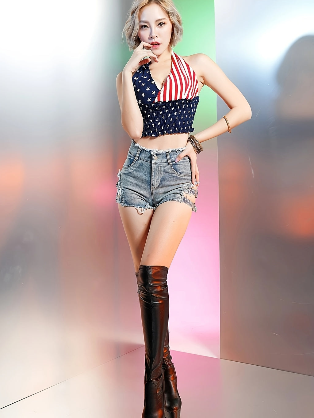 Ripped Two-Strap High Waist Denim Shorts