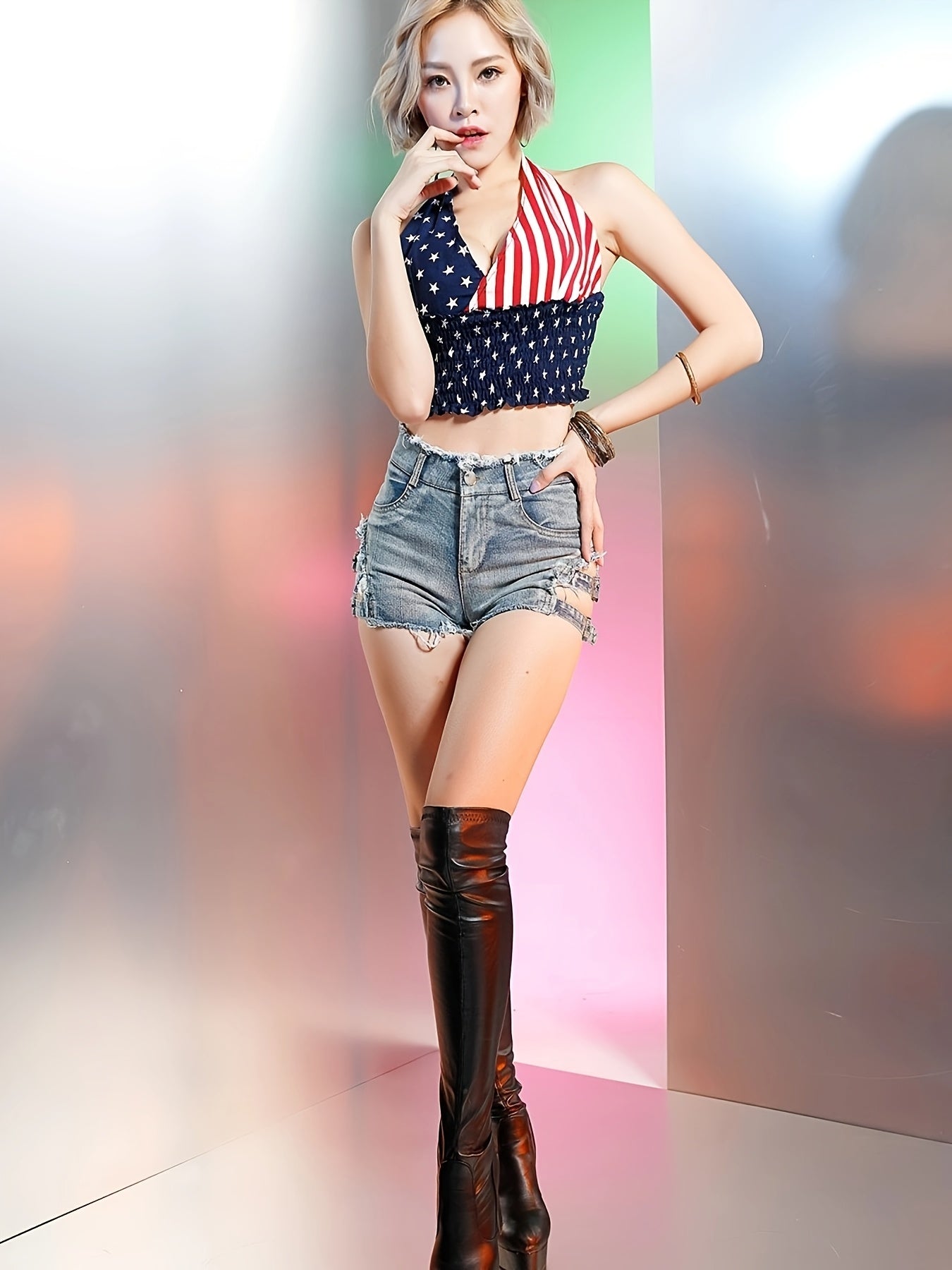 Ripped Two-Strap High Waist Denim Shorts