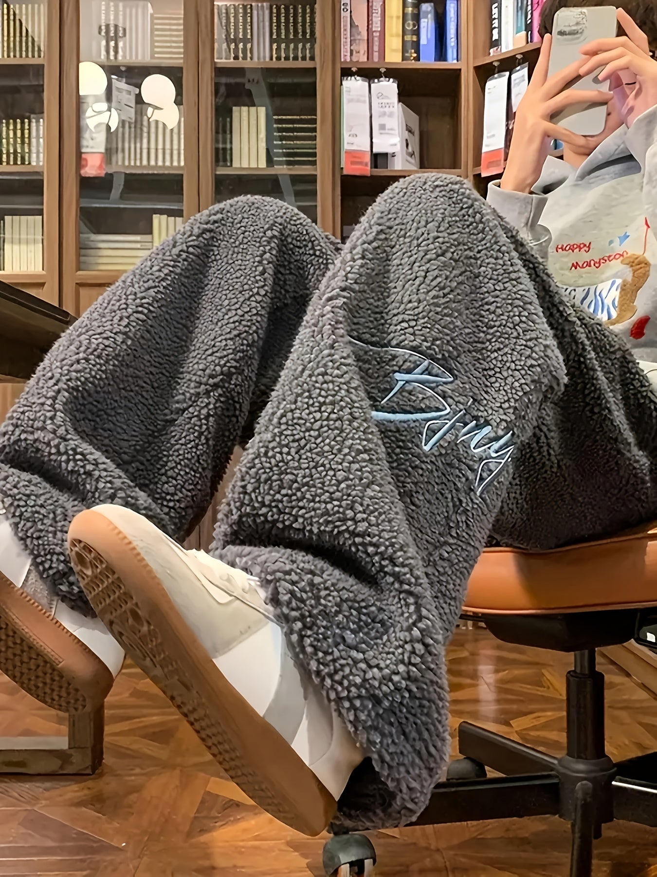 Fleece-Lined Embroidered Casual Pants