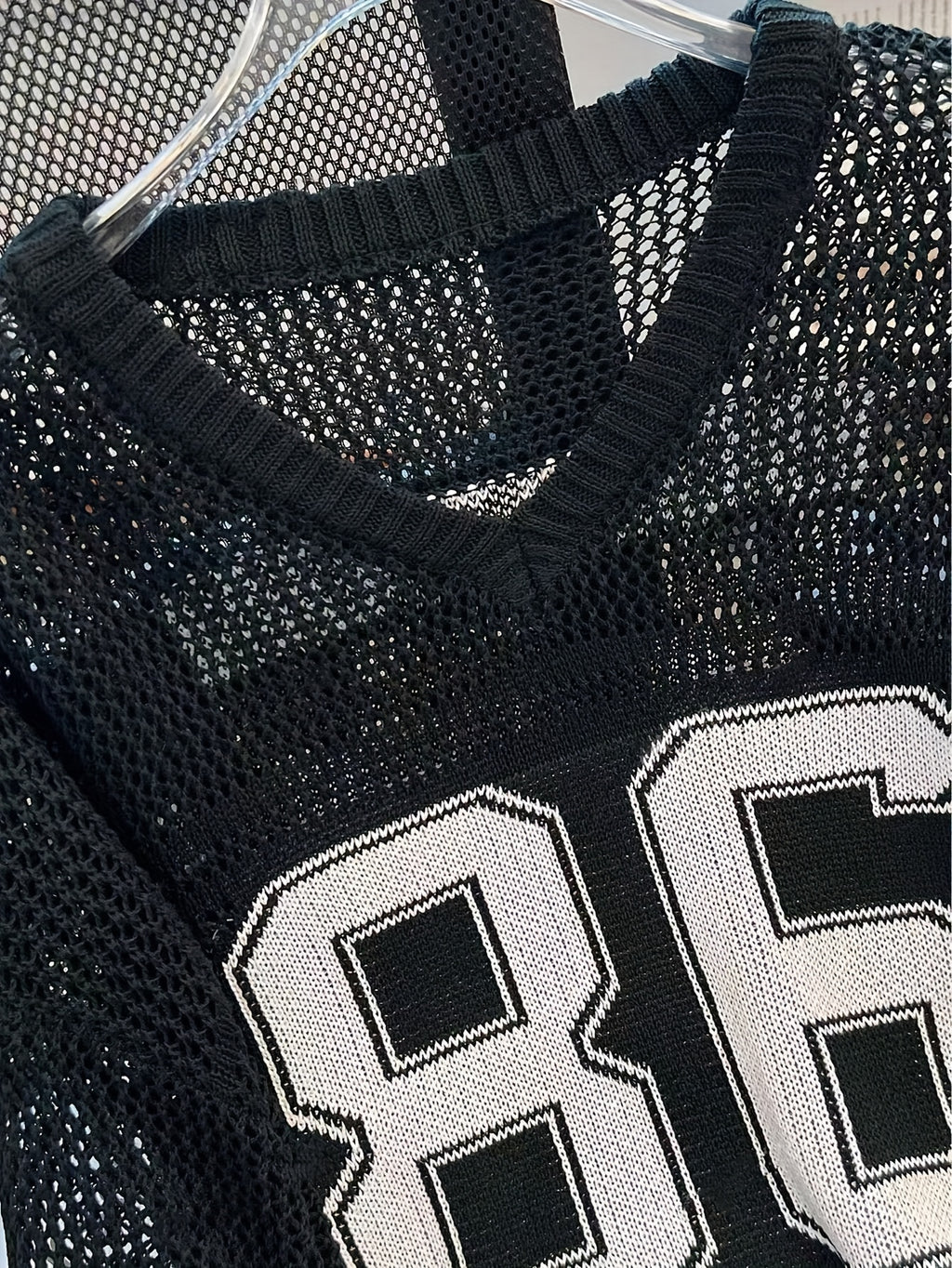 Women's Y2K Top - V-Neck Long Sleeve Mesh Blouse with 86 & Star Cut-Out Design, Breathable Black/White Contrast for Spring/Summer Casual Outfits, Cute Blouse, Versatile Clothing, Contrast Color Design