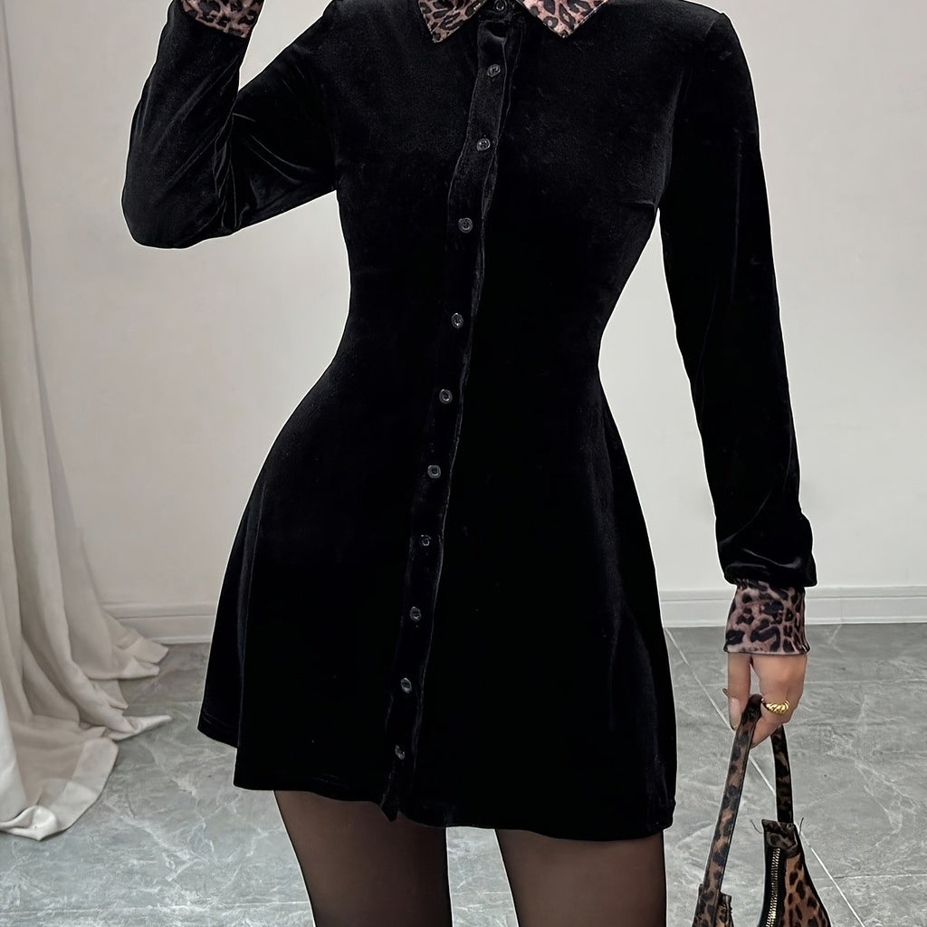 Faux Fur-like Texture A-Line Dress with Leopard Print Collar & Long Sleeves